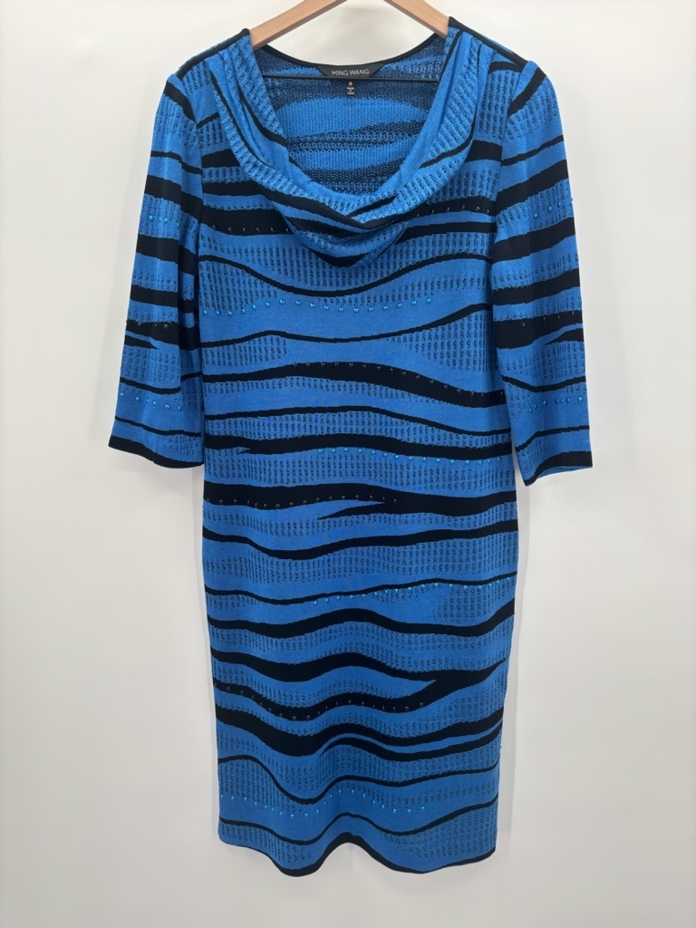 Ming Wang Blue Dress with Black Wave Stripes and Cowl Neck Size Medium